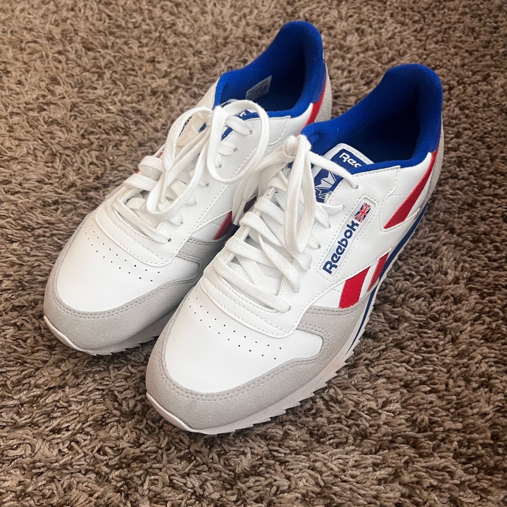 Reebok Classic White Sneakers with Red and Blue Accents